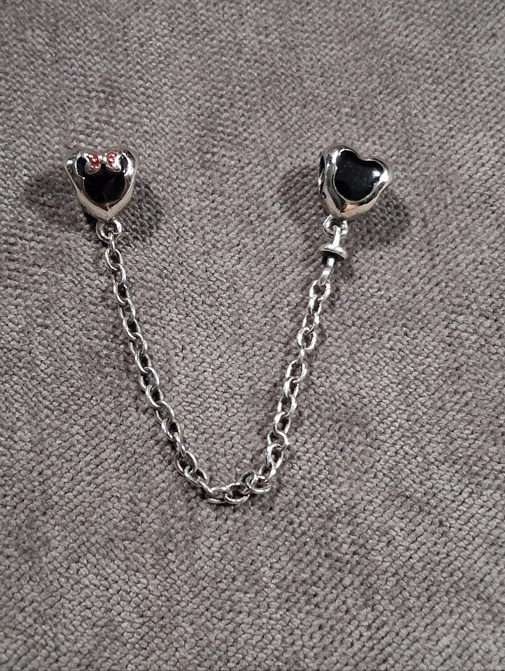 Disney 925 Sterling Silver Enamel Mickey and Minnie Hearts Safety Chain Charm VG